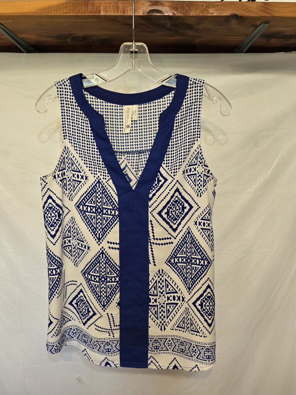 Pink Owl Blue & White Geometric V-Neck Top